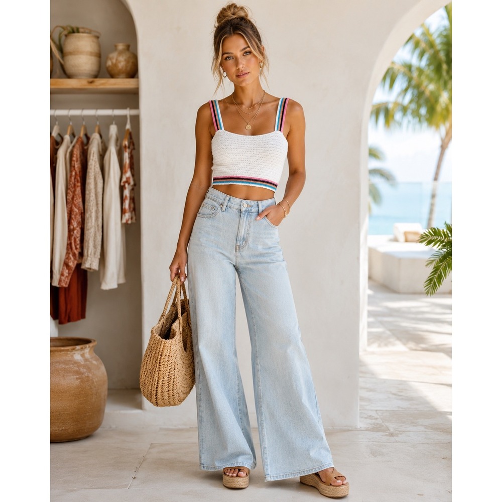Blue Rain Francesca's Crop Top Women S White Crochet Knit Striped Boho Cotton